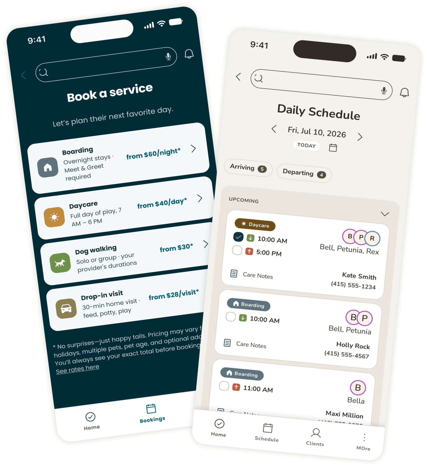 Illustrative PetAppro client booking and provider schedule screens