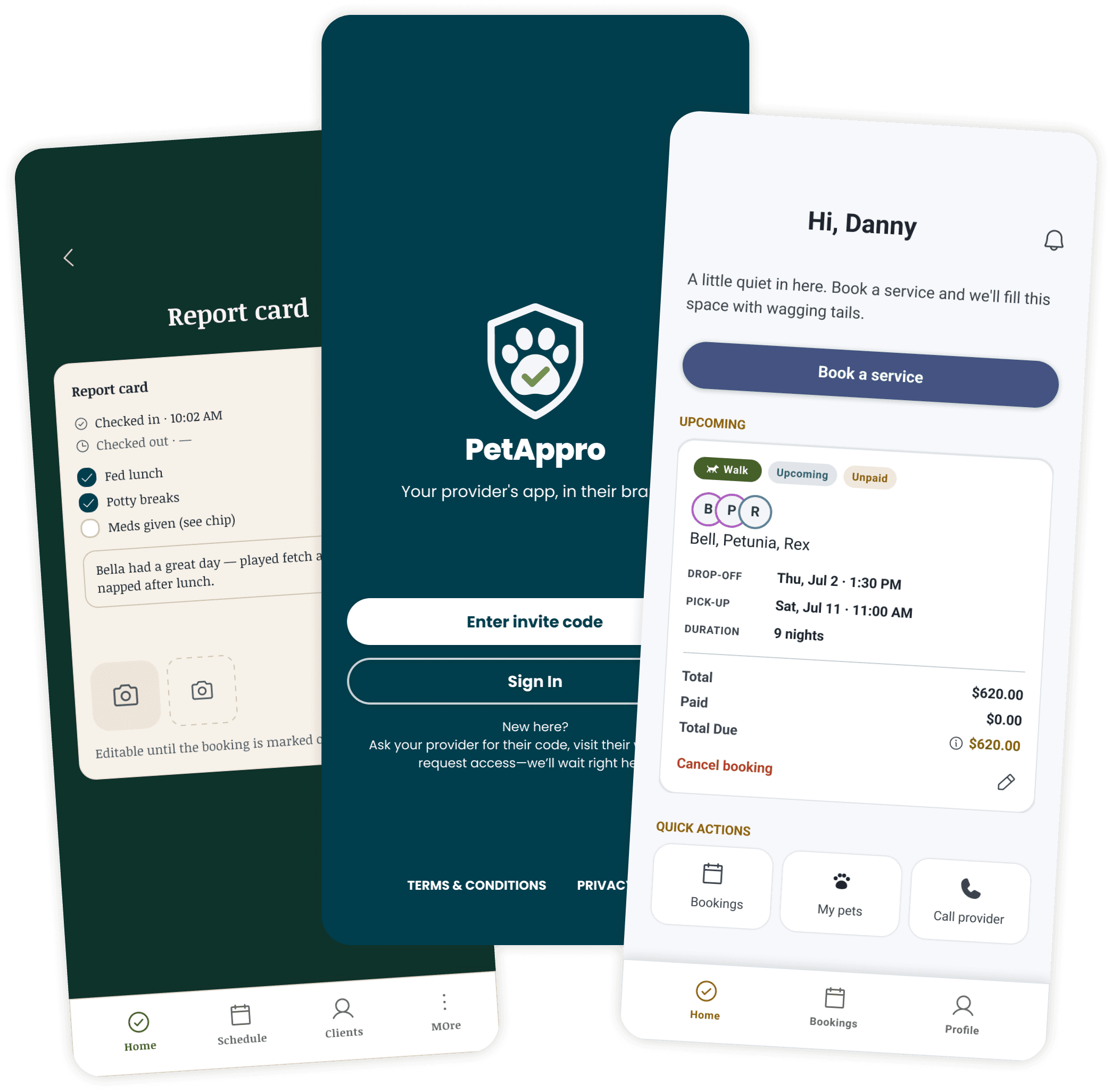 PetAppro provider and client app screens