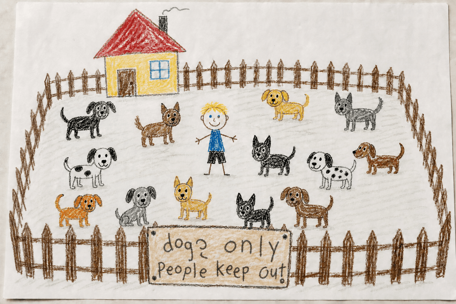 Crayon-style imagined recreation of a first-grade drawing showing a blonde boy, a yellow house, and 13 dogs inside a fenced yard. A child-lettered sign reads ‘dogs only people keep out,’ with the first lowercase g drawn backward.