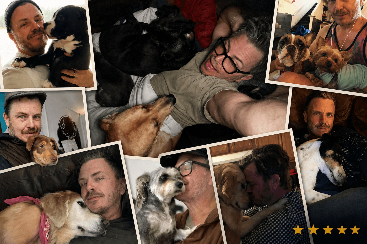 A collage of candid photographs showing PetAppro founder Danny Baker cuddling and caring for dogs of different sizes, with five gold stars in the lower-right corner.
